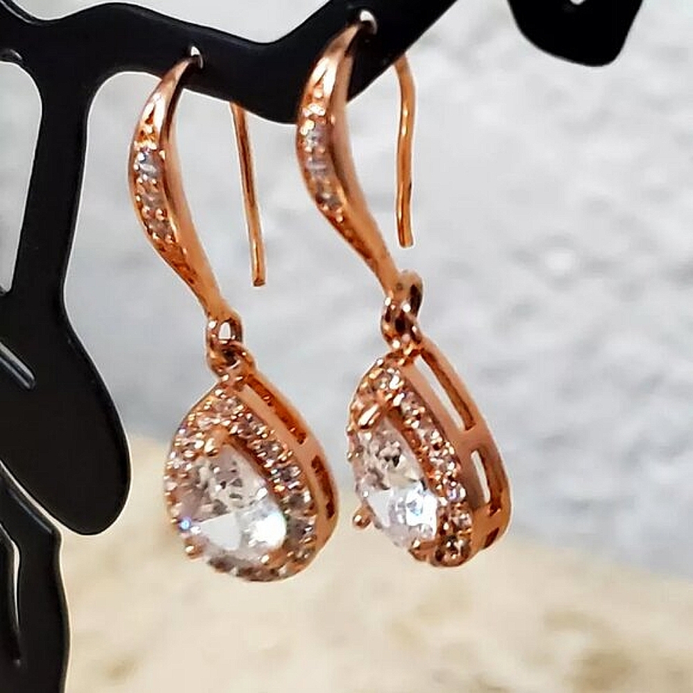 Rose Gold Plated 2 Pc Crystal Earrings & Bracelet Jewelry Set - Picture 13 of 17